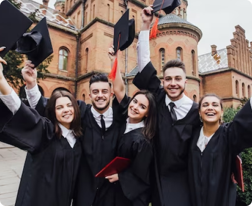 group diverse grads throwing caps up sky Switzerland